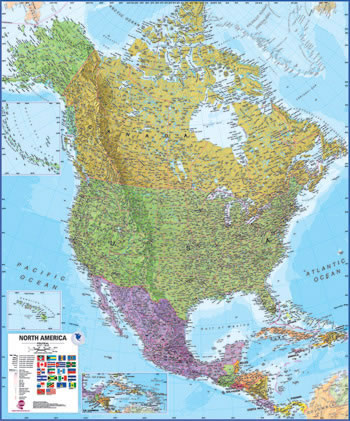 North America HEMA 47" x 39" Laminated - A wall map of North America in